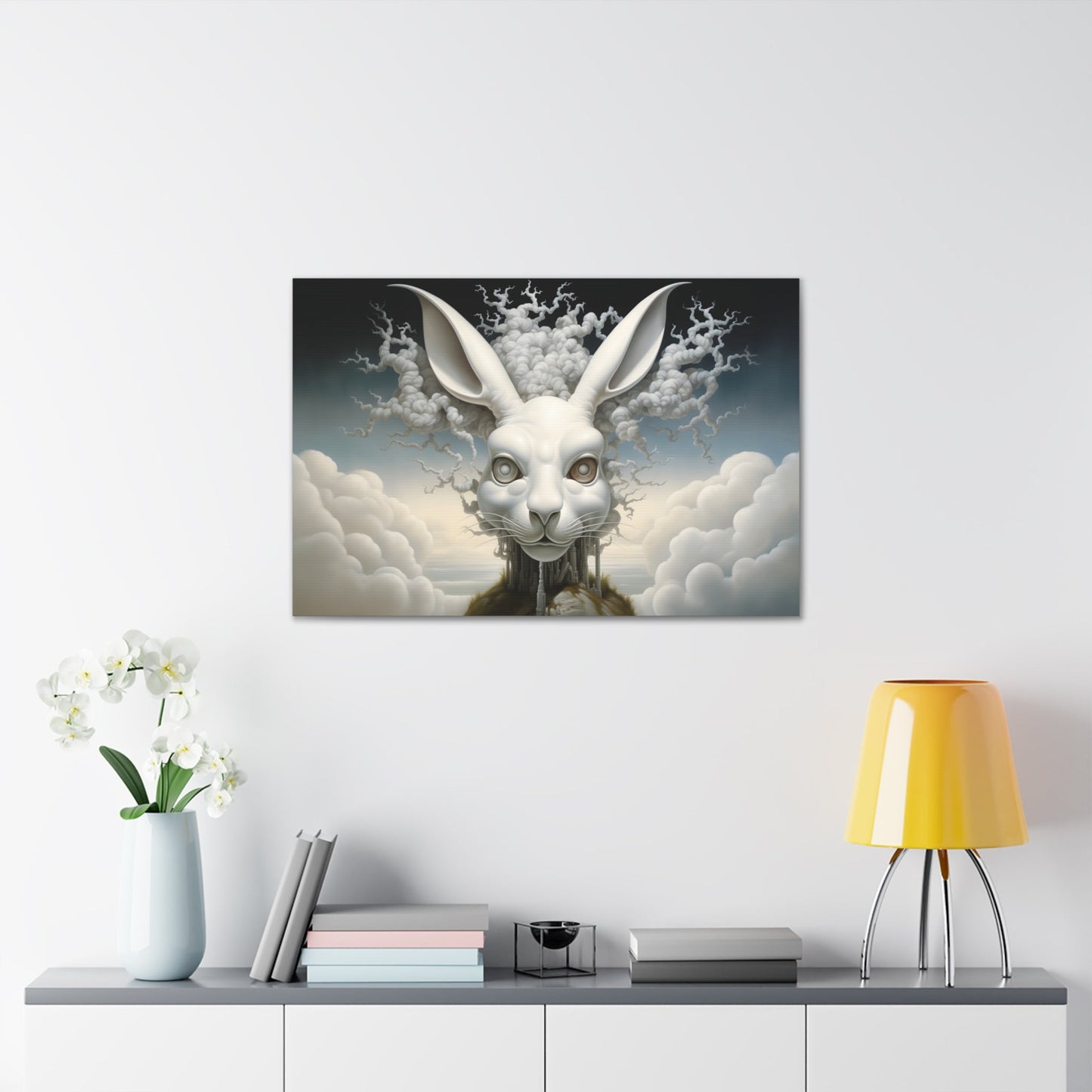 Horizontal-oriented wall art: A surreal, oversized white hare with mechanical eyes is depicted in the center, surrounded by swirling cloud-like forms. The background features a dreamy, ethereal landscape with hints of industrial architecture, blending natural and abstract elements.