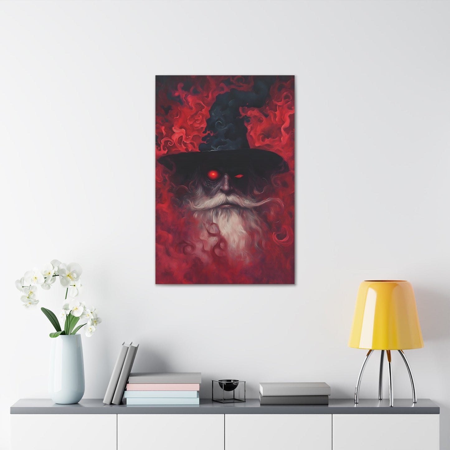 Vertical-oriented wall art: "The Wizard's Veil II" A mysterious wizard with glowing red eyes emerges from a swirling, crimson mist, his expression intense and otherworldly. The deep reds and intricate textures create an aura of magic and dark fantasy, drawing viewers into his enchanted realm.