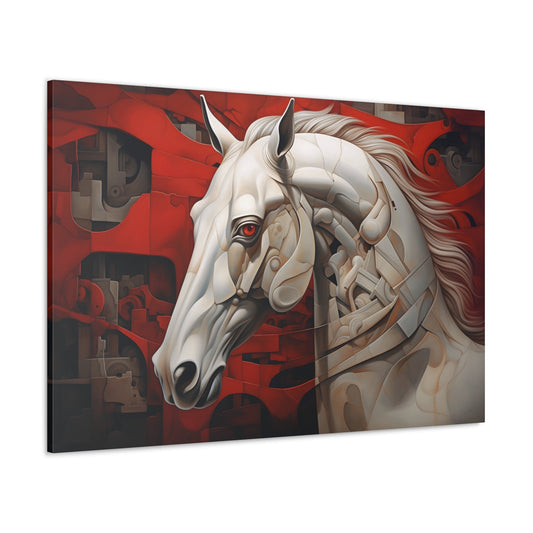 Horizontal-oriented wall art:  "Abstract Equus" depicts a surreal fusion of a white horse with mechanical, angular components against a bold red abstract background. The intricate detailing of the horse contrasts with the geometric, machine-inspired elements, blending organic beauty with industrial abstraction.