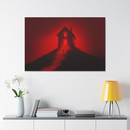 Horizontal-oriented wall art: Artwork titled Crimson Ascent from the Ruby Realms collection, featuring a glowing red house atop a hill with a solitary figure ascending a shadowed staircase. The piece creates an eerie and surreal atmosphere with its intense red glow and dramatic contrast.