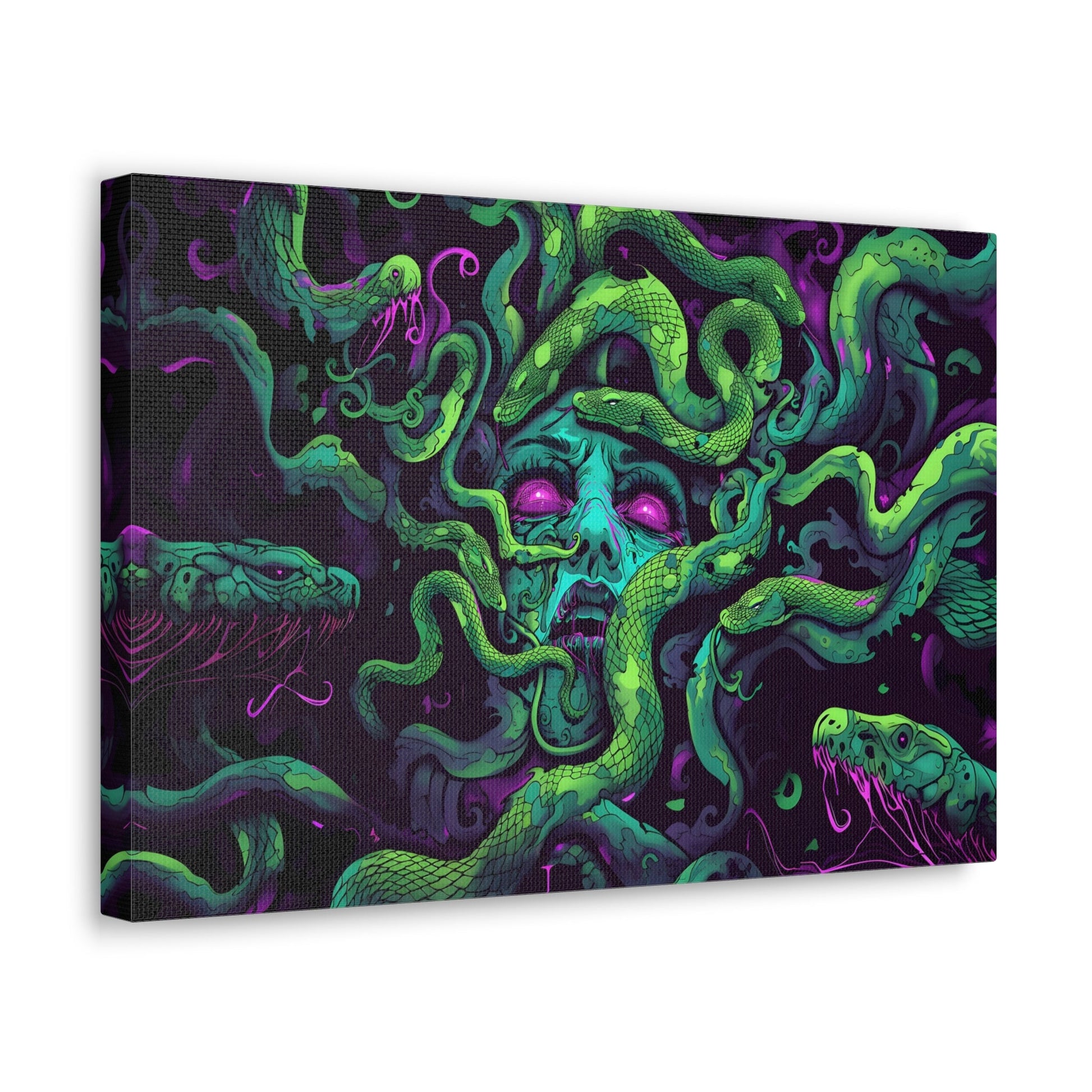 Horizontal-oriented artwork: An eerie digital illustration depicting the mythical figure Medusa, with vivid green and purple hues. Medusa's captivating gaze is surrounded by swirling, eldritch energies, evoking an aura of mystery and allure.