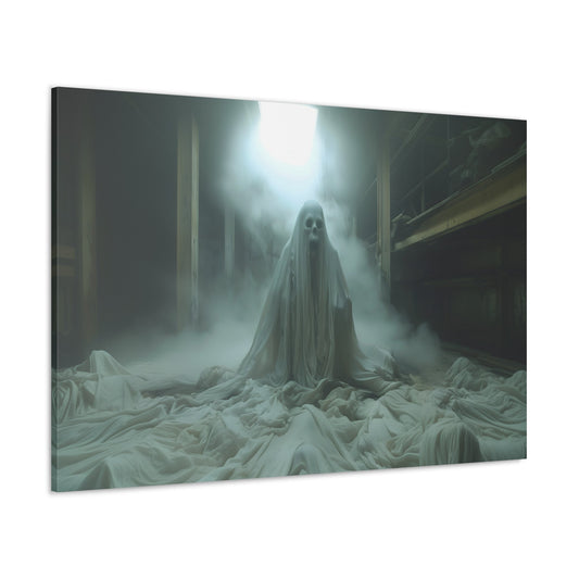 Horizontal-oriented wall art: An eerie depiction of a ghostly apparition, its translucent form hovering in a darkened space, surrounded by a soft, ethereal glow.