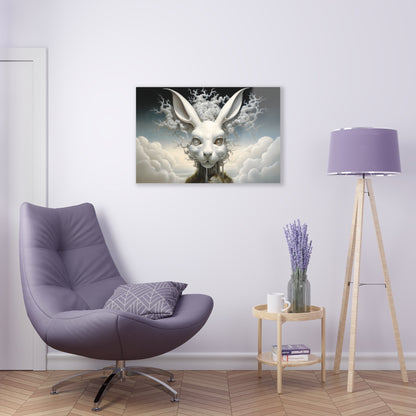 Horizontal-oriented wall art: A surreal, oversized white hare with mechanical eyes is depicted in the center, surrounded by swirling cloud-like forms. The background features a dreamy, ethereal landscape with hints of industrial architecture, blending natural and abstract elements.