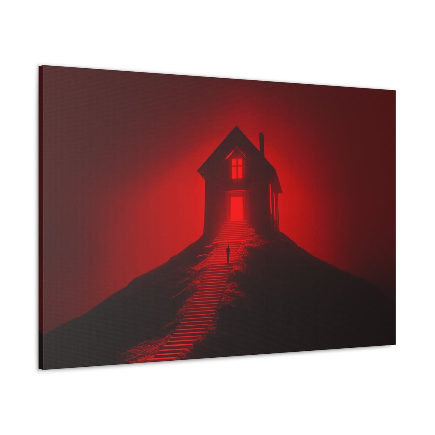 Horizontal-oriented wall art: Artwork titled Crimson Ascent from the Ruby Realms collection, featuring a glowing red house atop a hill with a solitary figure ascending a shadowed staircase. The piece creates an eerie and surreal atmosphere with its intense red glow and dramatic contrast.