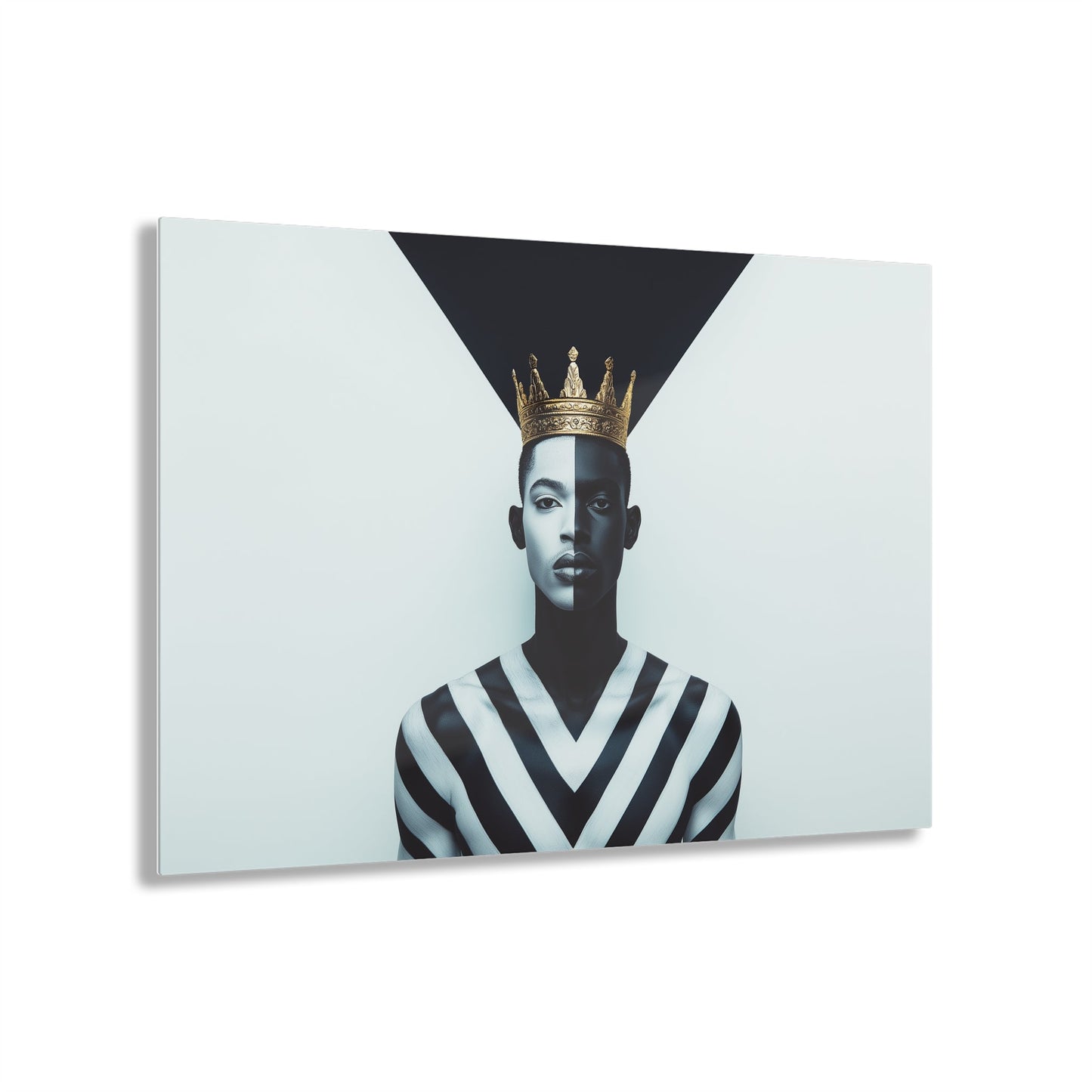 Horizontal-oriented wall art: "Crown of Dignity" A powerful portrait of a man wearing a golden crown, his face divided into bold black-and-white halves symbolizing balance and duality. The geometric background enhances the striking composition, blending regal elegance with modern precision.