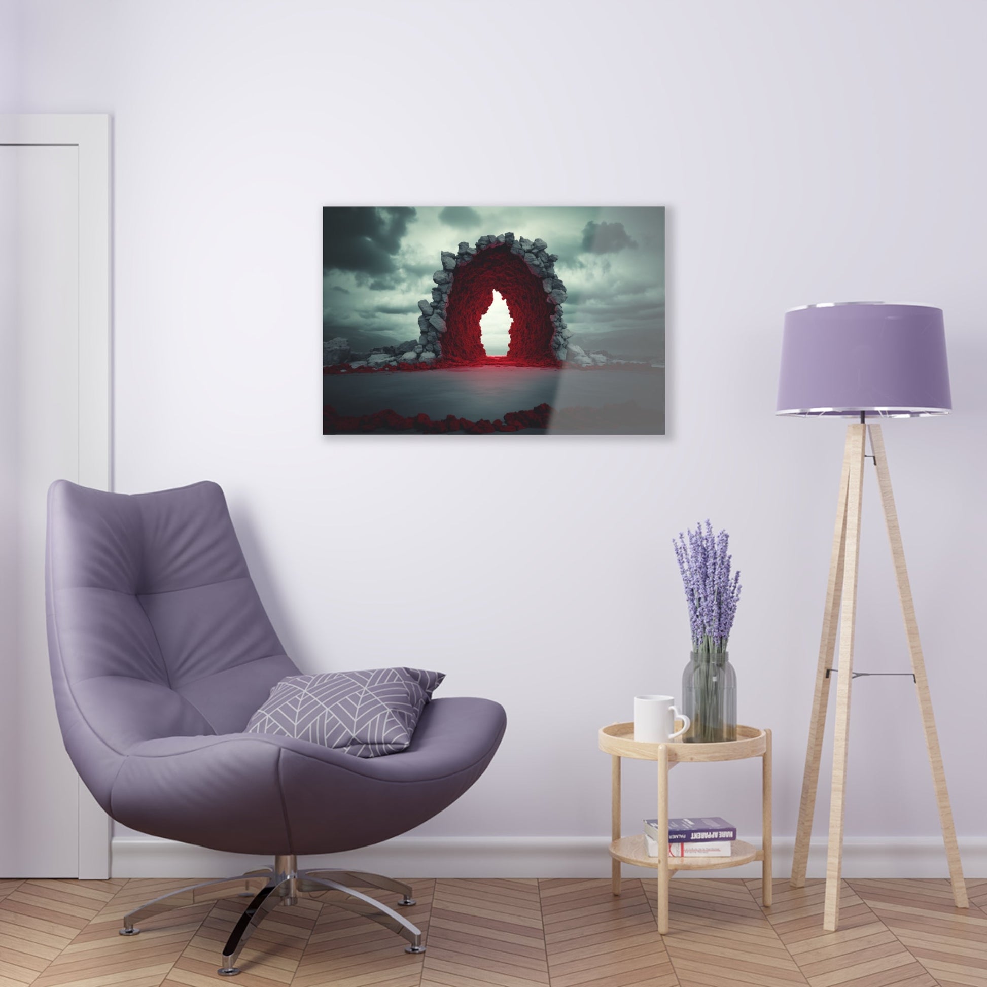 Horizontal-oriented wall art: "Portal of Possibilities" A glowing red portal framed by jagged stone stands in a barren landscape under a moody, overcast sky. The surreal scene evokes mystery and possibility, as if the gateway leads to another dimension.