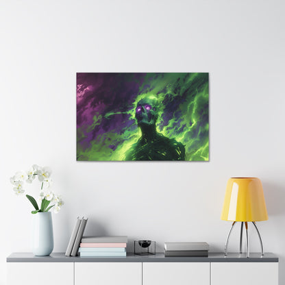 Horizontal-oriented artwork: An eerie illustration featuring a mystical lich with glowing eyes, surrounded by eldritch energies in shades of green and purple, against a dark, ominous background.