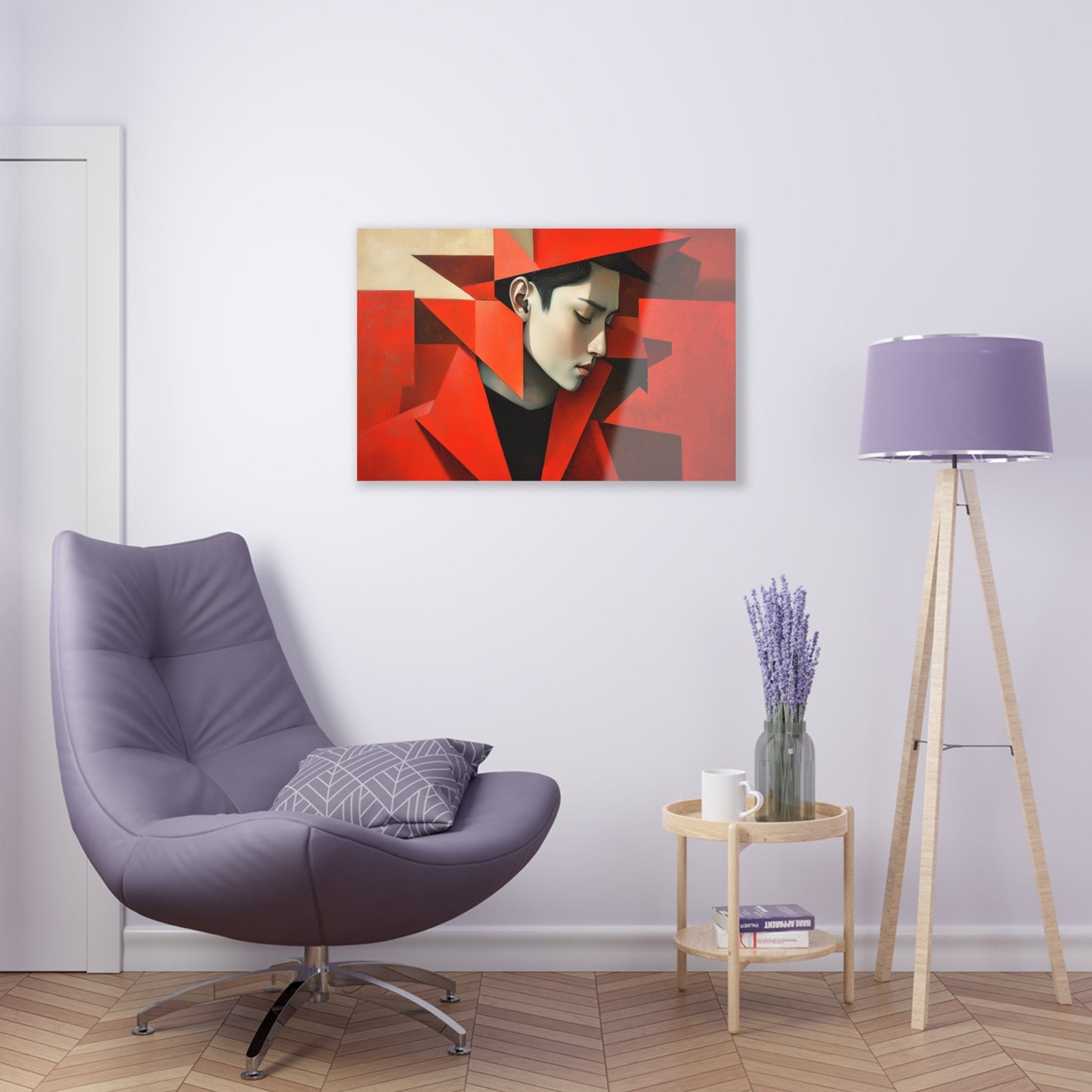 Horizontal-oriented wall art: "Refined in Fragments." A high-fashion Asian male is depicted in a Cubist style, with bold angular red geometric shapes framing his contemplative profile. The soft dramatic lighting contrasts with vivid red tones, creating an expressive and sophisticated composition.