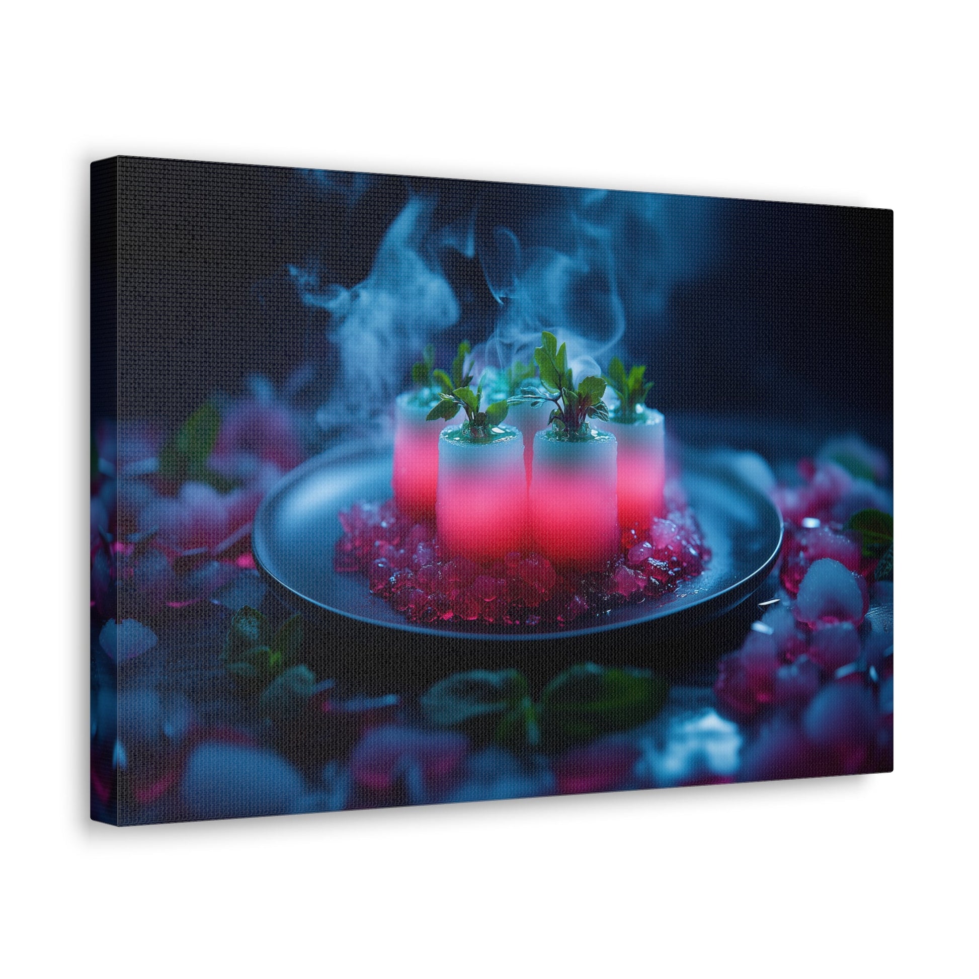 Horizontal-oriented wall art: "Xeno Cuisine." A glowing arrangement of alien meat and bioluminescent vegetables sits on an obsidian plate, surrounded by vapor and crystalline accents. The vibrant pink and cool blue tones contrast against the dark background, creating an otherworldly and surreal atmosphere.