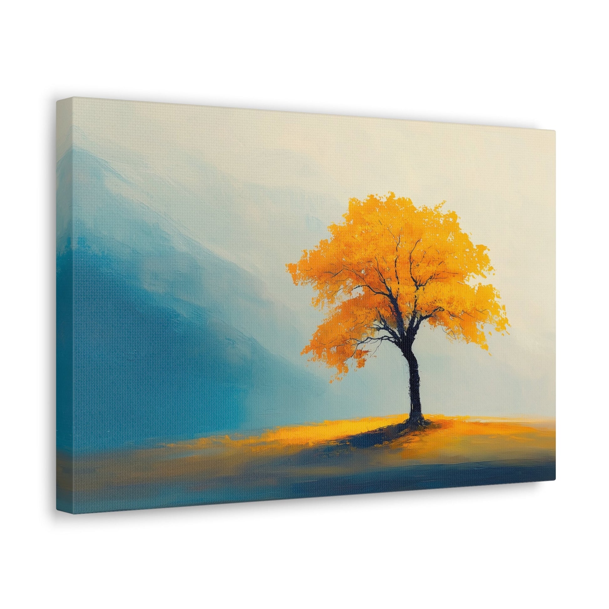 Horizontal-oriented wall art: Artwork titled Autumn’s Glow from the Ethereal Horizons collection, featuring a vibrant golden tree standing alone in a serene, misty landscape. The composition combines warm amber tones with soft teal hues, evoking tranquility and the timeless beauty of autumn.