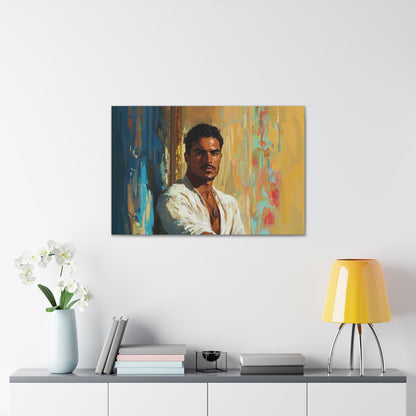 Horizontal-oriented wall art: "Stillness in Strength." A contemplative Latino man gazes forward with quiet confidence, surrounded by warm golden hues and cool blue accents. The oil painting style and radiant lighting create a refined and introspective composition.