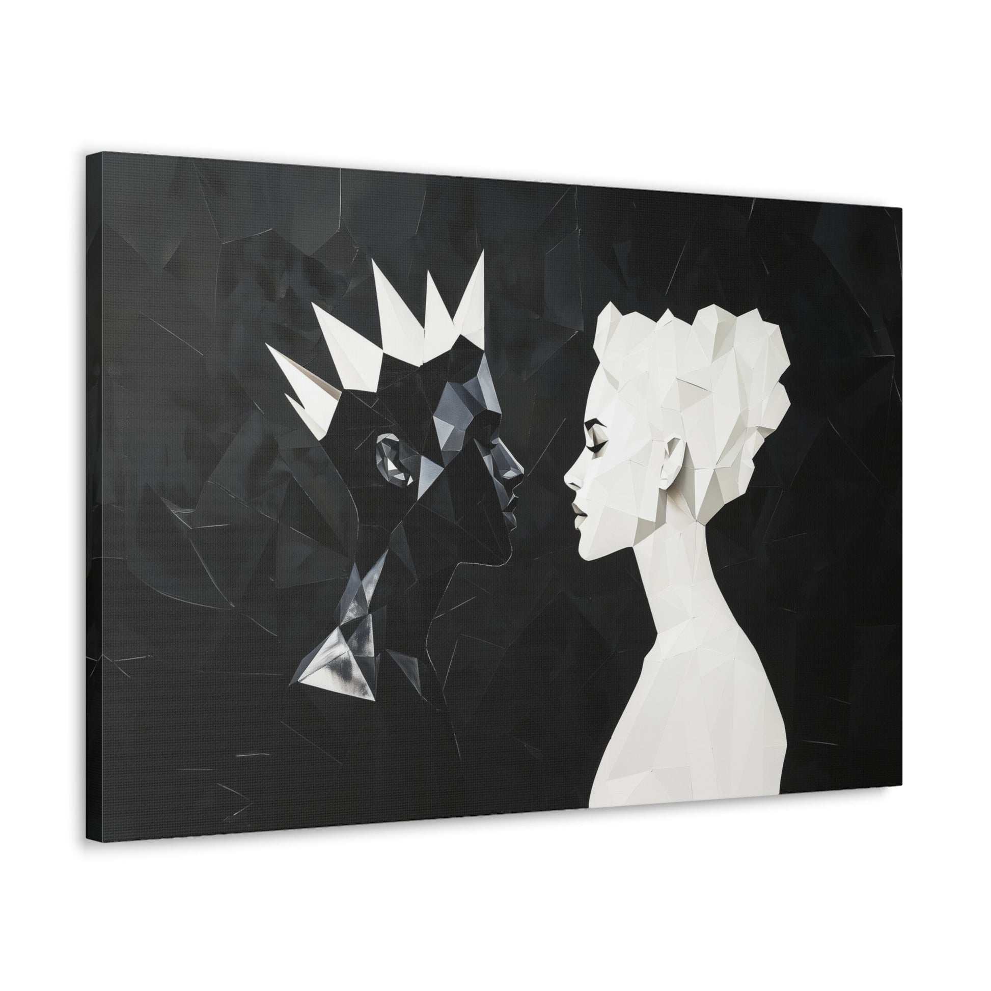 Horizontal-oriented wall art: "Kiss of Kings and Queens" A striking geometric artwork depicting an interracial couple, a Black king and a White queen, leaning in for an intimate moment, their fragmented profiles symbolizing unity and love. Bold black-and-white contrasts create a modern, abstract representation of harmony and diversity.