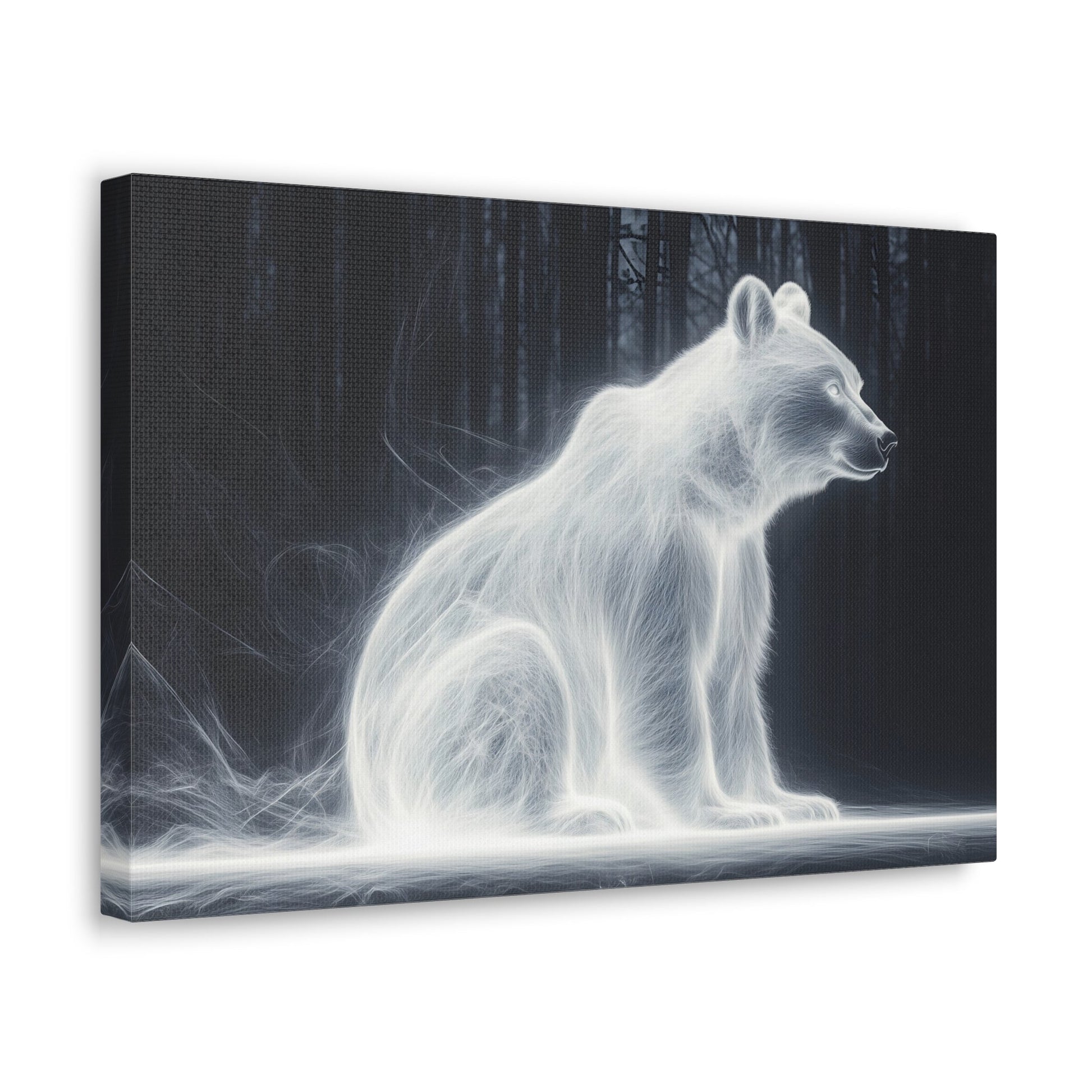 Horizontal-oriented wall art: "Glowing Guardian III" A luminous bear sits serenely in a dark forest, surrounded by a soft, glowing aura that illuminates its form. The ethereal light effect creates a mystical atmosphere, highlighting the bear's calm and protective presence against the shadowy background.