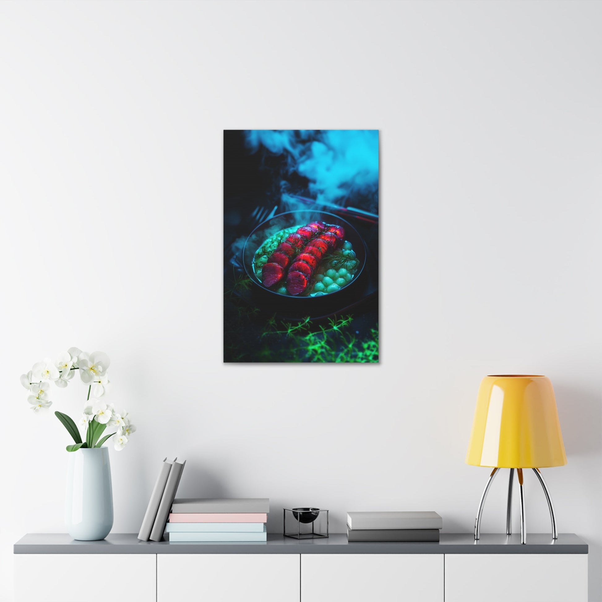 Vertical-oriented wall art: "Xeno Cuisine II." A glowing plate of vibrant red alien meat and bioluminescent green vegetables sits on a dark, misty backdrop. The surreal lighting and vivid colors evoke a futuristic, otherworldly atmosphere.