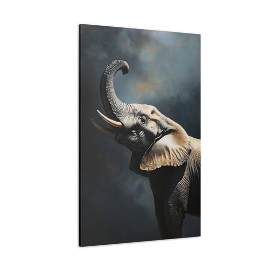 Vertical-oriented wall art: "Elephant's Shadow IV" captures the majestic presence of an elephant with its trunk raised high, symbolizing strength and grace. The dramatic use of light and shadow emphasizes the elephant's textured skin and tusks, creating a powerful and captivating wildlife portrait.