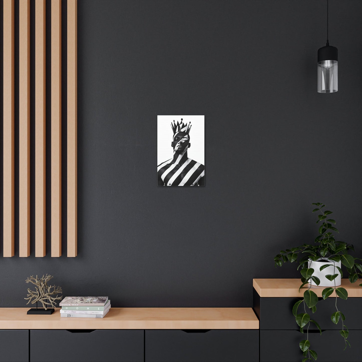 Vertical-oriented wall art: "Crown of Dignity II" A regal portrait of a man wearing a bold, geometric crown, with black and white stripes painted across his face and body. The minimalist composition emphasizes strength, elegance, and cultural pride in a modern, abstract style.