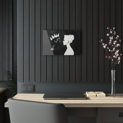 Horizontal-oriented wall art: "Kiss of Kings and Queens" A striking geometric artwork depicting an interracial couple, a Black king and a White queen, leaning in for an intimate moment, their fragmented profiles symbolizing unity and love. Bold black-and-white contrasts create a modern, abstract representation of harmony and diversity.