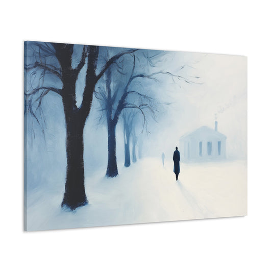 Horizontal-oriented wall art: Artwork titled Shadows of Winter from the Ethereal Horizons collection, depicting a foggy winter morning with a solitary figure walking along a snow-covered path. The scene features muted icy blues, bare trees, and a serene, tranquil atmosphere.