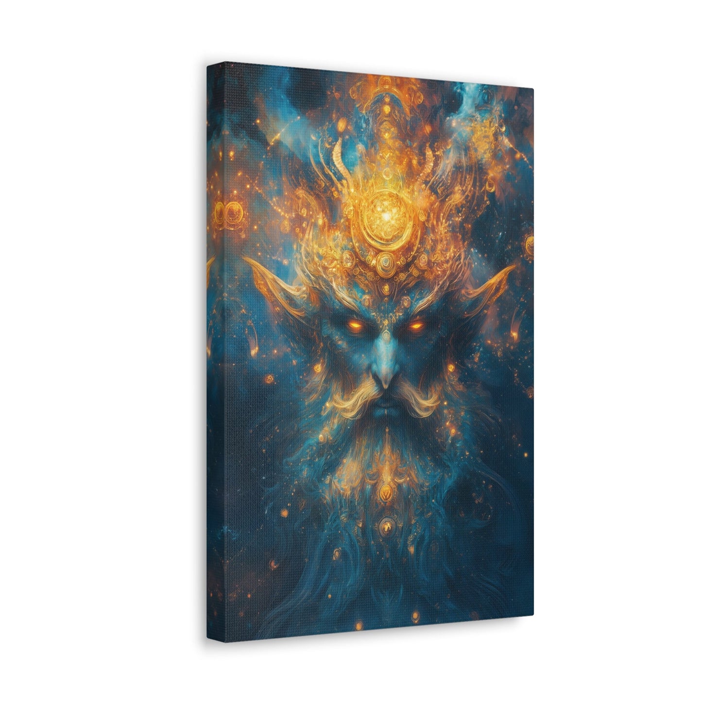 Vertical-oriented wall art "Celestial Djinn II" A cosmic djinn with glowing eyes and intricate golden patterns emerges from a swirl of azure and gold energy. This mystical artwork captures the celestial power and ancient wisdom of a divine being.