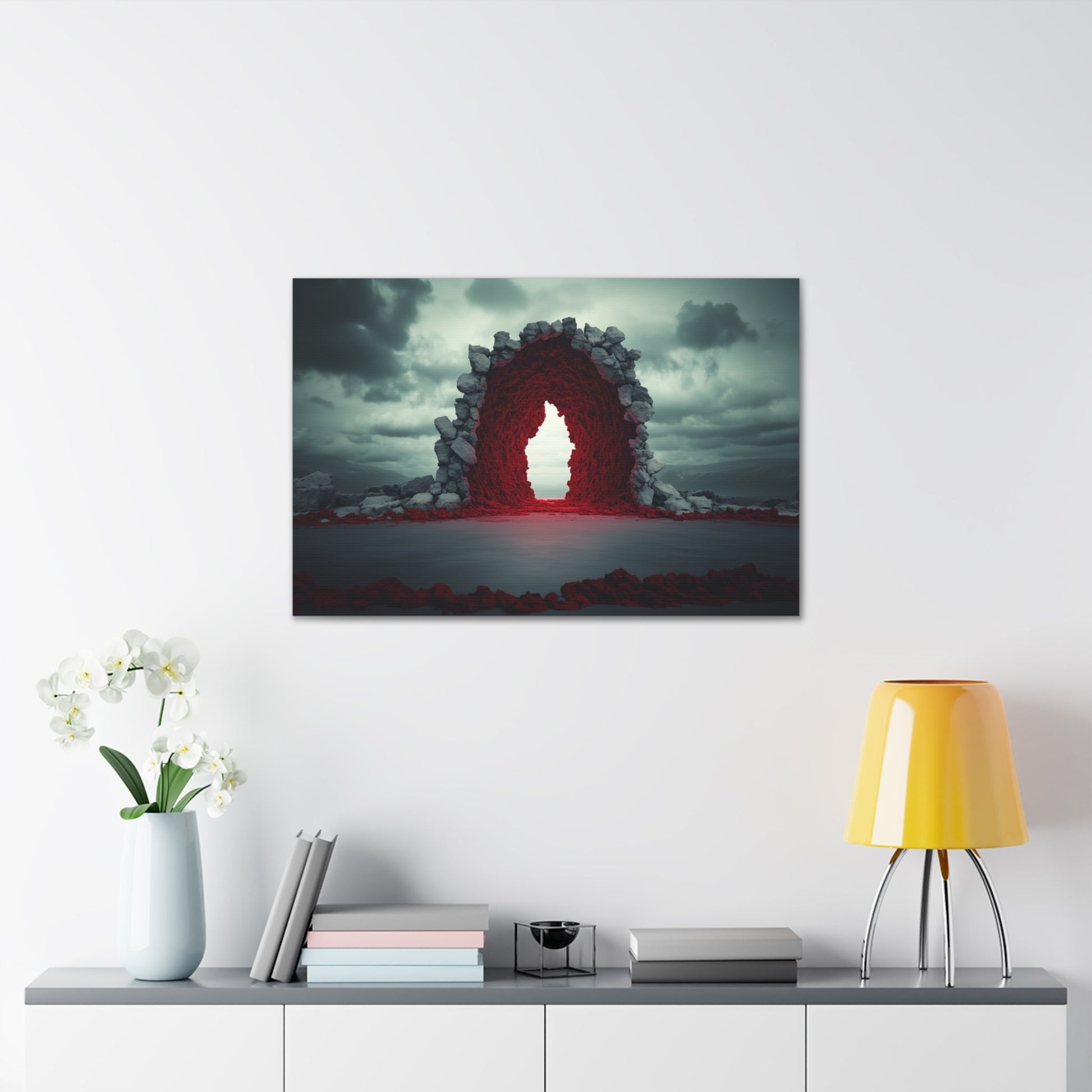 Horizontal-oriented wall art: "Portal of Possibilities" A glowing red portal framed by jagged stone stands in a barren landscape under a moody, overcast sky. The surreal scene evokes mystery and possibility, as if the gateway leads to another dimension.