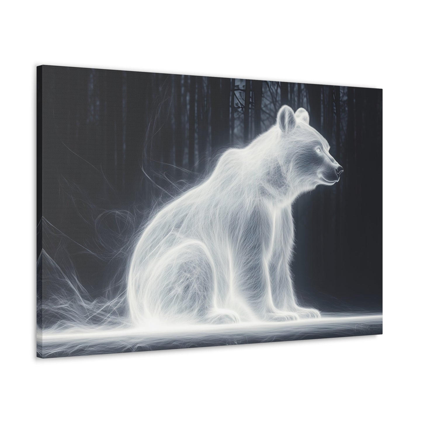 Horizontal-oriented wall art: "Glowing Guardian III" A luminous bear sits serenely in a dark forest, surrounded by a soft, glowing aura that illuminates its form. The ethereal light effect creates a mystical atmosphere, highlighting the bear's calm and protective presence against the shadowy background.