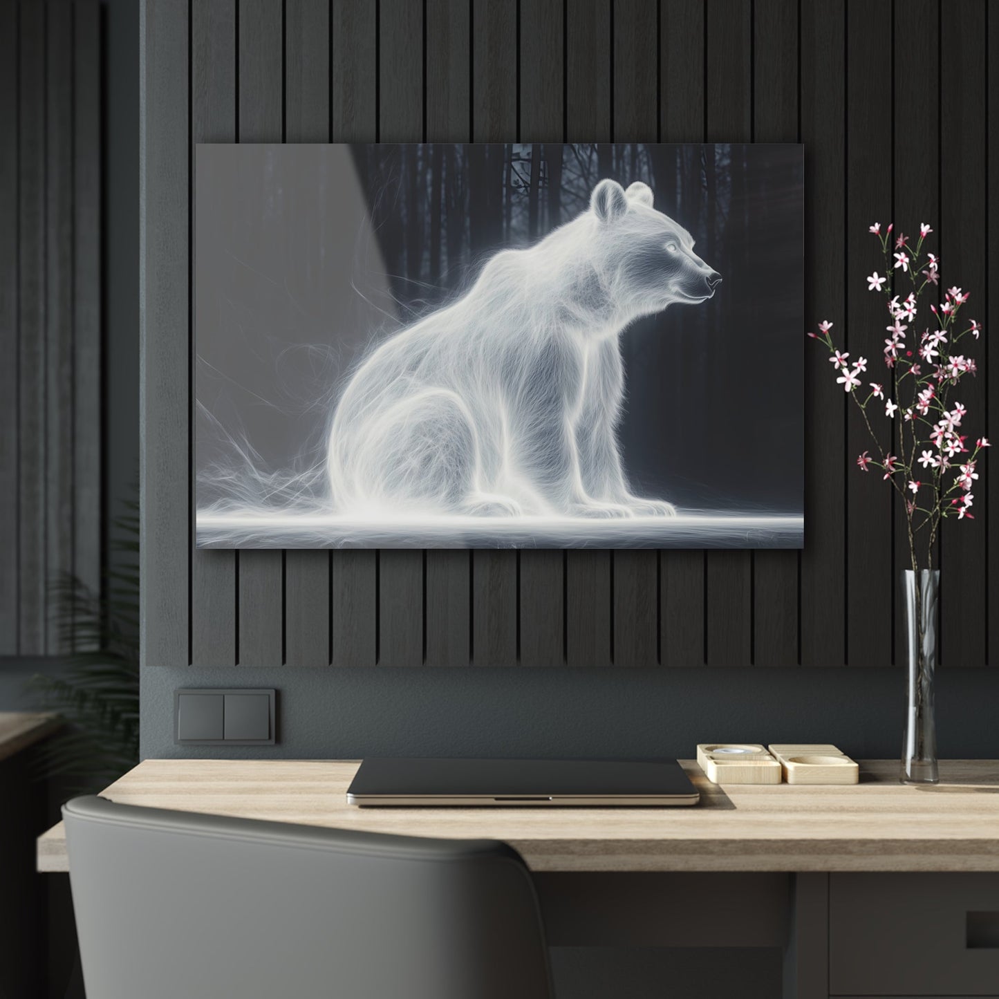 Horizontal-oriented wall art: "Glowing Guardian III" A luminous bear sits serenely in a dark forest, surrounded by a soft, glowing aura that illuminates its form. The ethereal light effect creates a mystical atmosphere, highlighting the bear's calm and protective presence against the shadowy background.