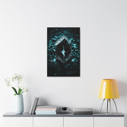 Vertical-oriented wall art: "Fractured Veil II" A glowing, fractured stone with jagged teal cracks sits amid a dark, rocky terrain, radiating an otherworldly light. The hyperreal textures and eerie illumination evoke a sense of mystery and untapped cosmic power.