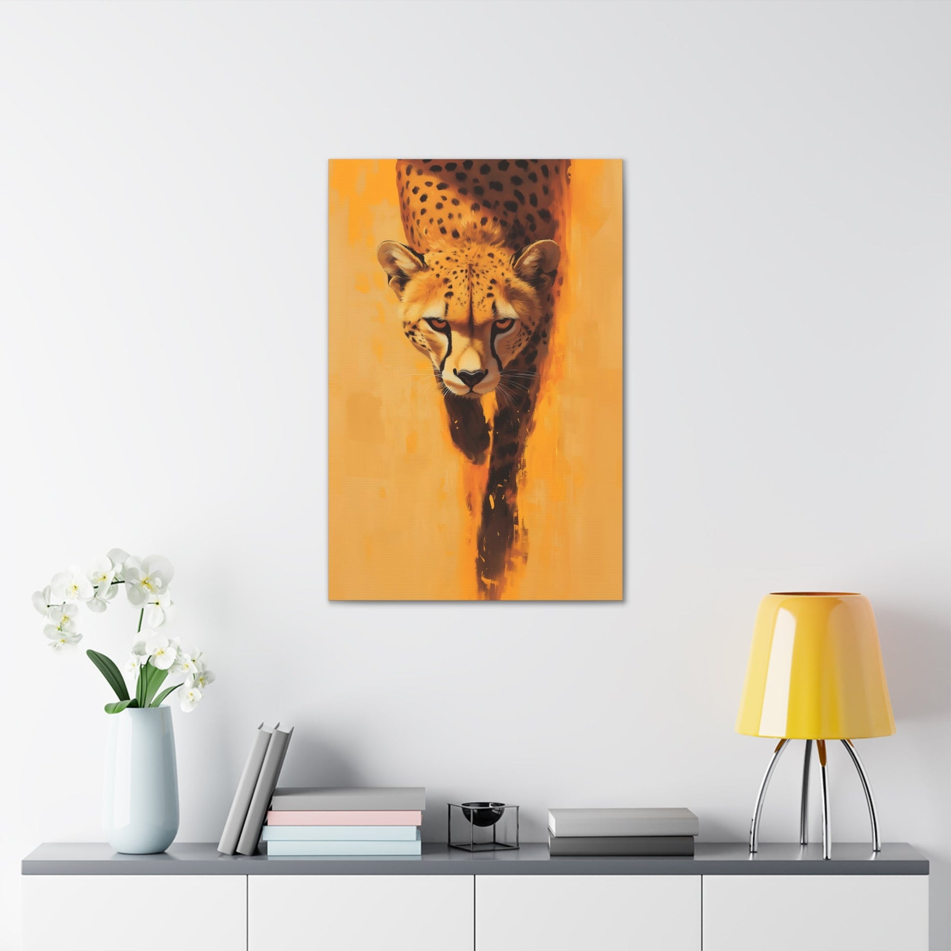 Vertical-oriented wall art: A striking portrait of a cheetah, set against a vibrant orange background, captures the animal’s focused gaze and sleek body as it moves forward. The minimalistic backdrop with dynamic brushstrokes accentuates the cheetah’s speed and agility, while its realistic details stand out in contrast to the abstract surroundings.