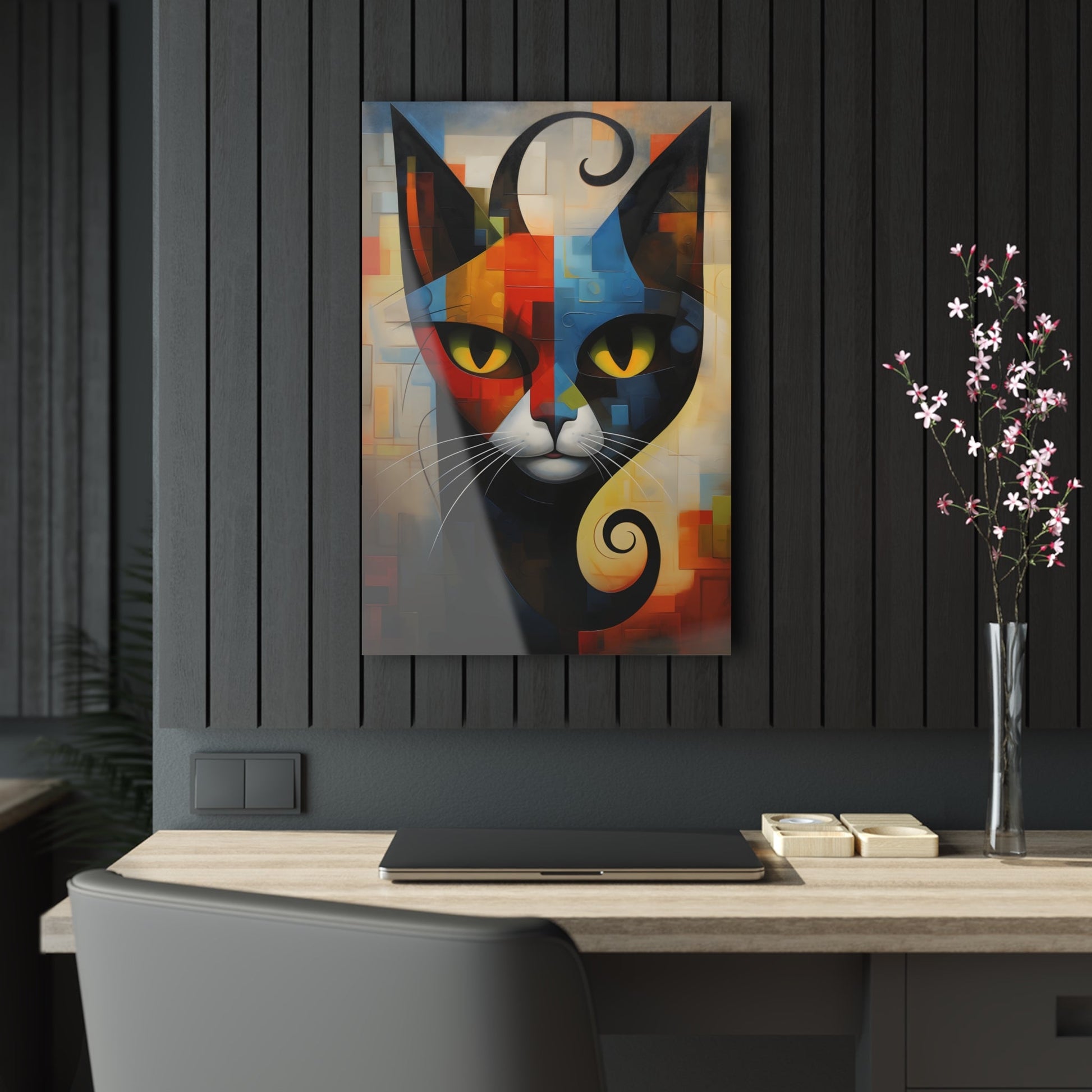 Vertical-oriented wall art: A vibrant cubist-style portrait of a cat, featuring a geometric composition with bold shapes and colors. The cat's eyes are bright yellow, set against a dynamic background of intersecting blocks in shades of red, blue, orange, and yellow.