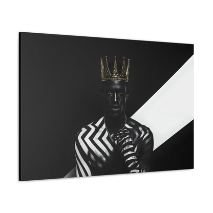 Horizontal-oriented wall art: "Crown of Dignity III" A striking portrait of a regal figure wearing a metallic gold crown, adorned in bold black and white geometric patterns. The artwork captures a modern, dignified presence, blending contemporary abstraction with royal elegance against a high-contrast background.