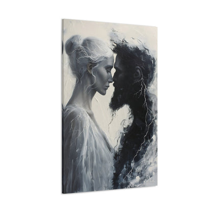 Vertical-oriented wall art: "Storm of Affection" from the Elysian Legends collection depicts Zeus and Hera in a surreal, tempestuous scene surrounded by swirling clouds and lightning, symbolizing their passionate and conflict-filled love. The dramatic lighting and ethereal elements enhance the divine and mythical atmosphere, drawing viewers into the epic narrative of these Greek gods.