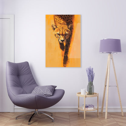 Vertical-oriented wall art: A striking portrait of a cheetah, set against a vibrant orange background, captures the animal’s focused gaze and sleek body as it moves forward. The minimalistic backdrop with dynamic brushstrokes accentuates the cheetah’s speed and agility, while its realistic details stand out in contrast to the abstract surroundings.