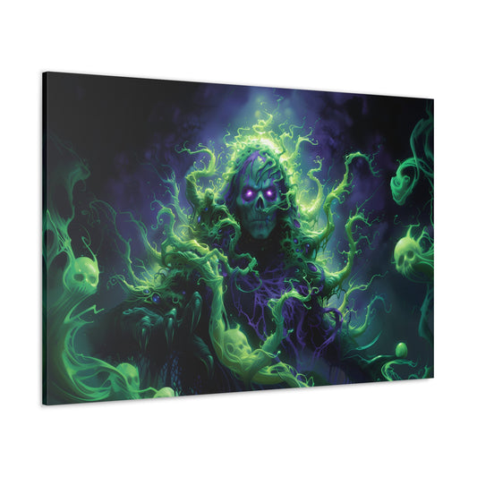 Horizontal-oriented artwork: An eerie illustration featuring a mystical lich with glowing eyes, surrounded by eldritch energies in shades of green and purple, against a dark, ominous background.