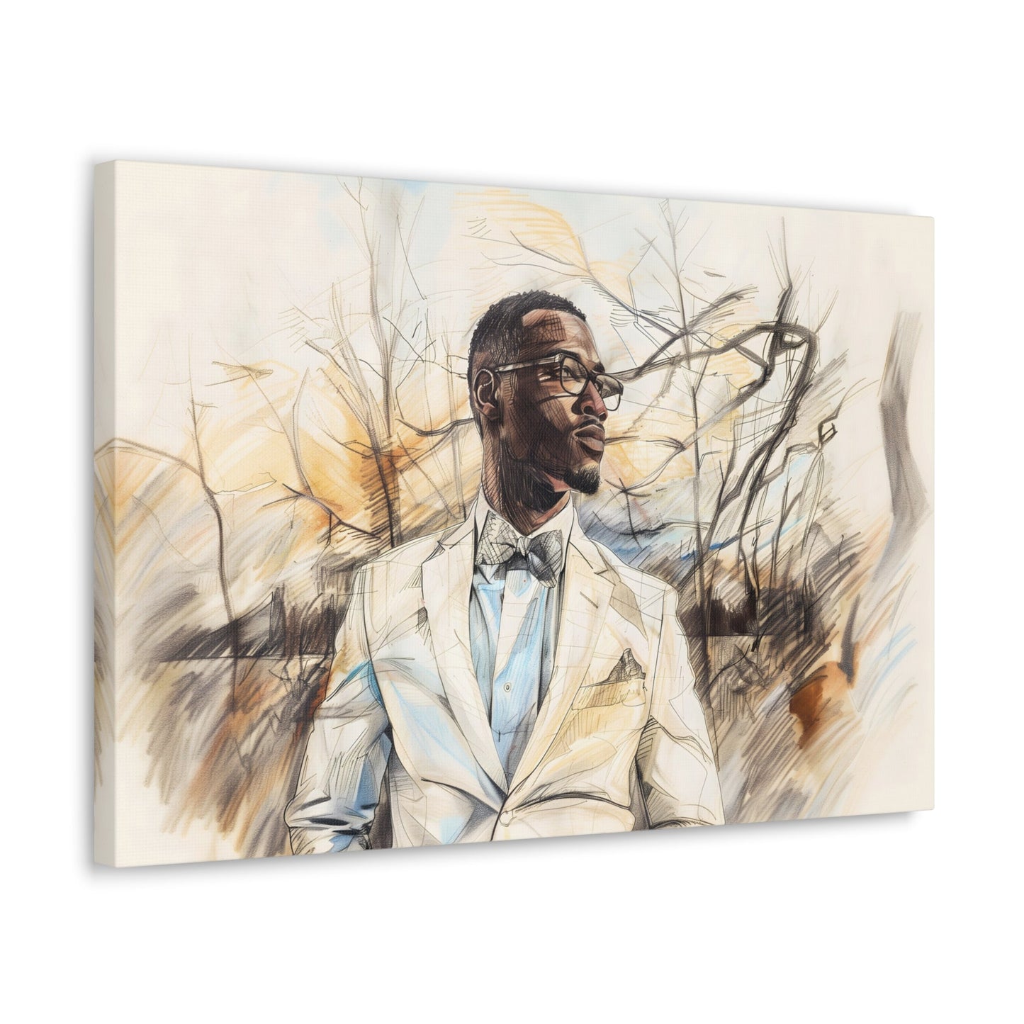 Horizontal-oriented artwork: Digital artwork depicting a stylish man wearing glasses and a white suit against a backdrop of trees.