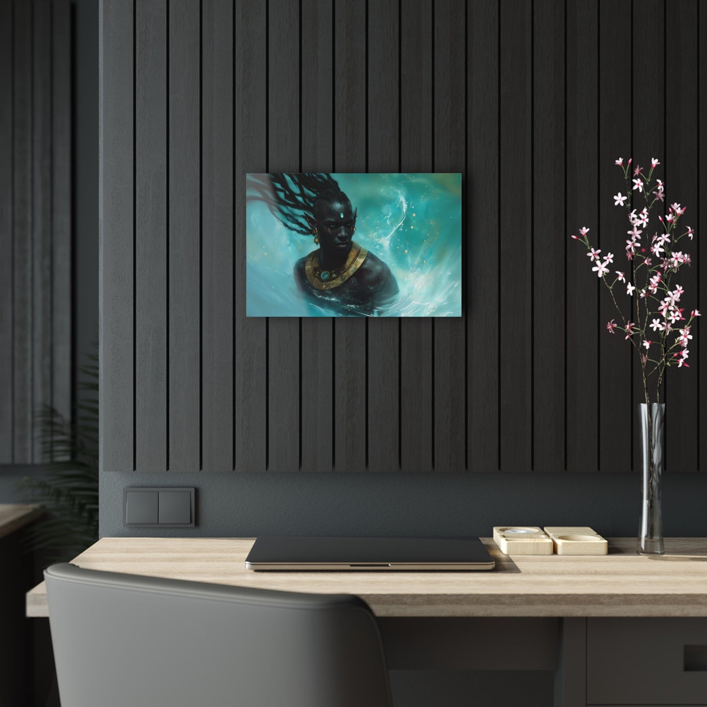 Horizontal-oriented wall art: "Obsidian Elegance II" A striking portrait of a Black elf adorned with intricate golden jewelry, surrounded by swirling, vibrant turquoise water. The composition highlights the figure's regal presence and otherworldly grace in a captivating fantasy setting.