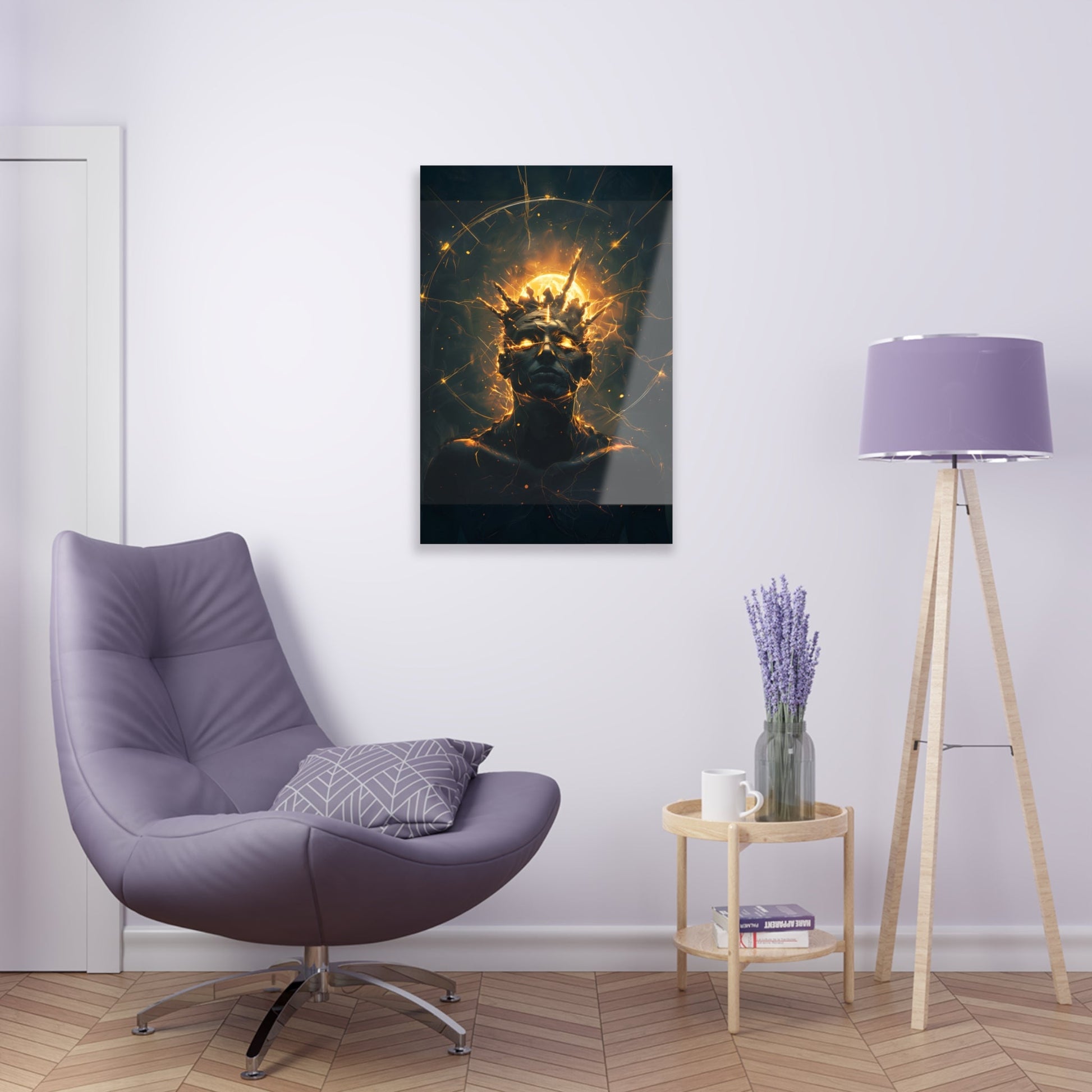 Vertical-oriented wall art: An undead mummified king stands regally in the desert sands, bathed in the warm golden light of the sun.