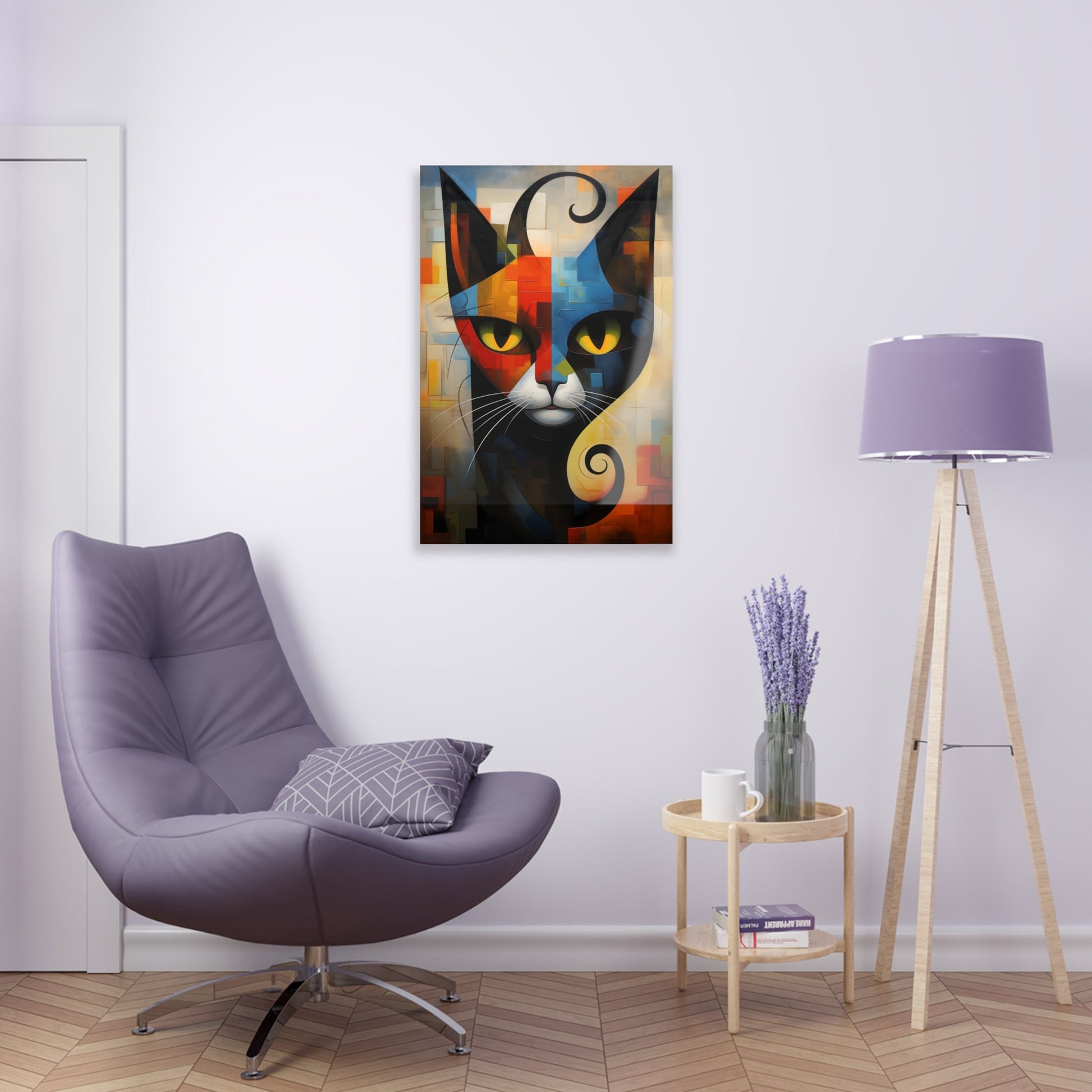 Vertical-oriented wall art: A vibrant cubist-style portrait of a cat, featuring a geometric composition with bold shapes and colors. The cat's eyes are bright yellow, set against a dynamic background of intersecting blocks in shades of red, blue, orange, and yellow.