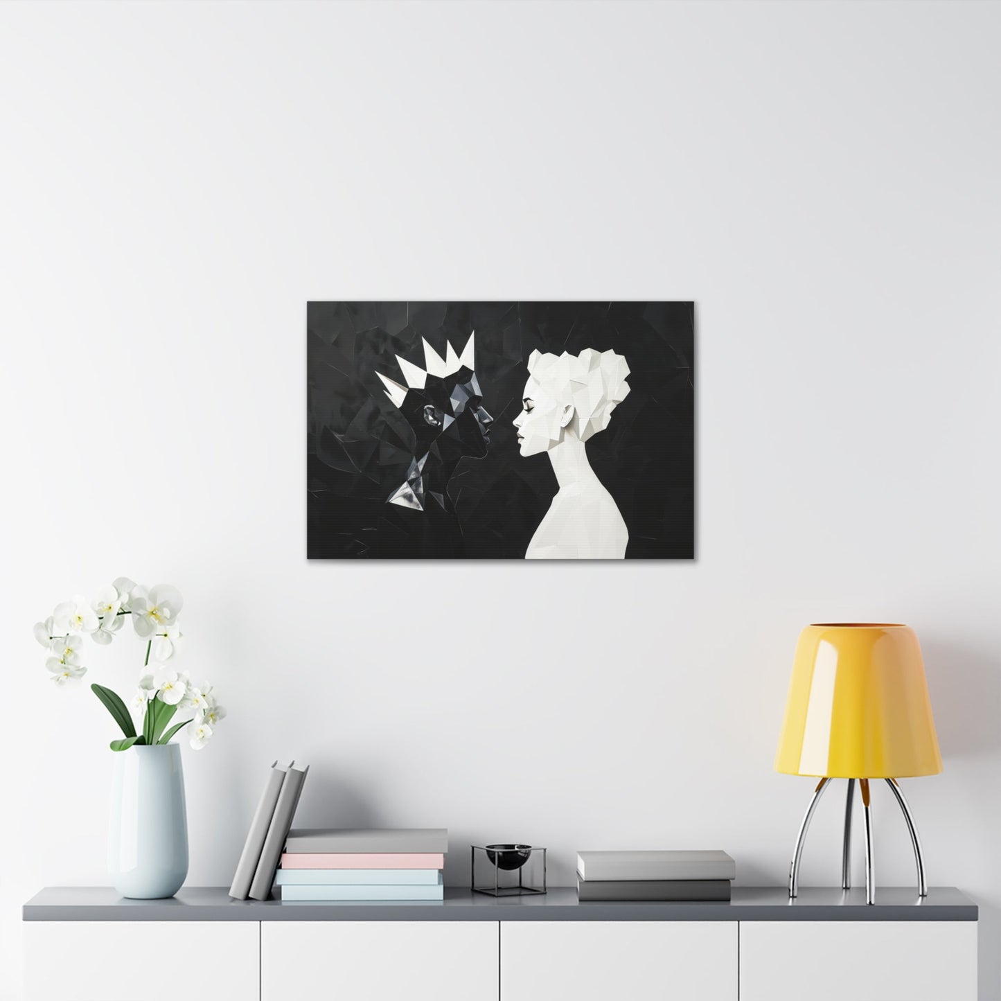 Horizontal-oriented wall art: "Kiss of Kings and Queens" A striking geometric artwork depicting an interracial couple, a Black king and a White queen, leaning in for an intimate moment, their fragmented profiles symbolizing unity and love. Bold black-and-white contrasts create a modern, abstract representation of harmony and diversity.