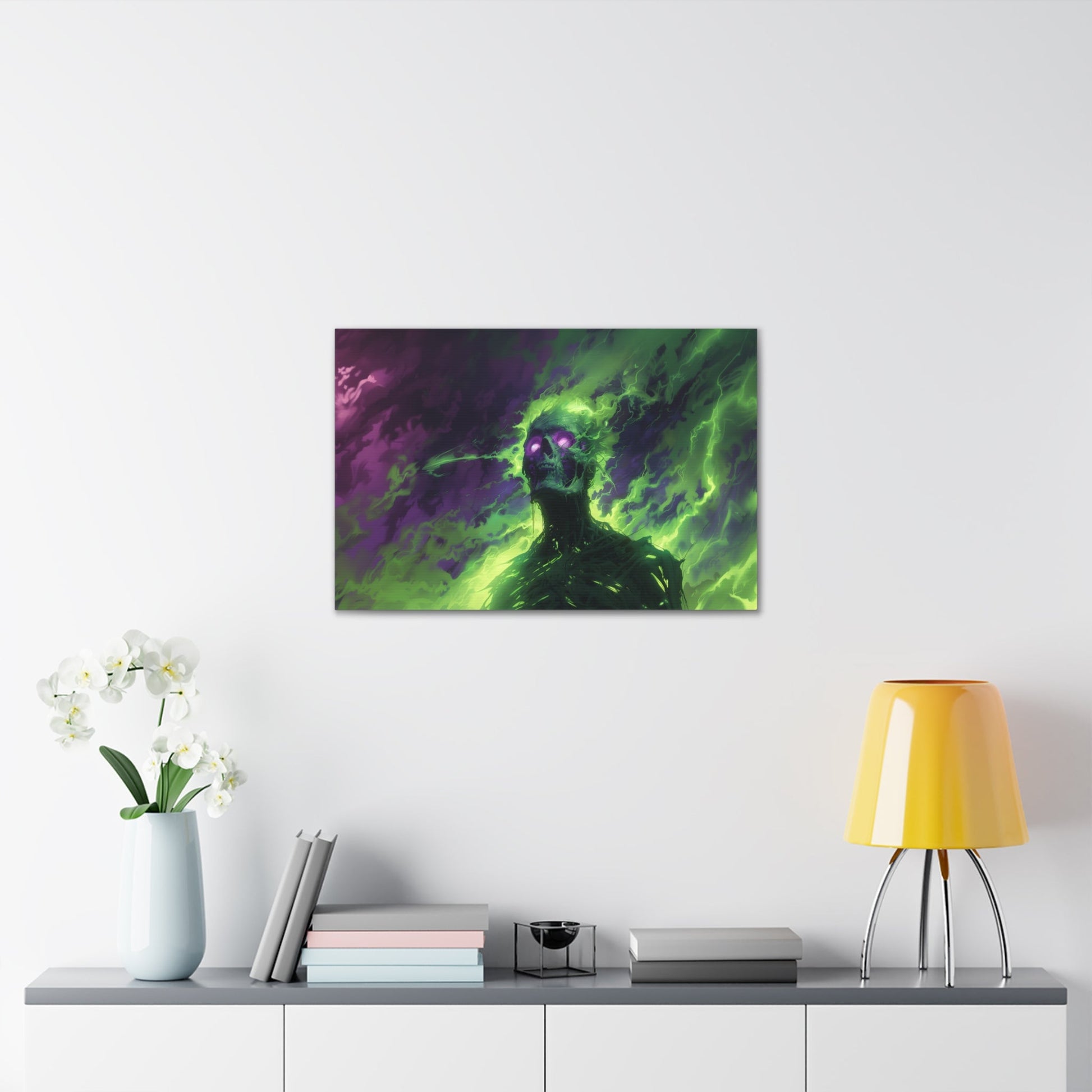 Horizontal-oriented artwork: An eerie illustration featuring a mystical lich with glowing eyes, surrounded by eldritch energies in shades of green and purple, against a dark, ominous background.