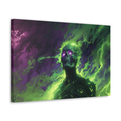 Horizontal-oriented artwork: An eerie illustration featuring a mystical lich with glowing eyes, surrounded by eldritch energies in shades of green and purple, against a dark, ominous background.