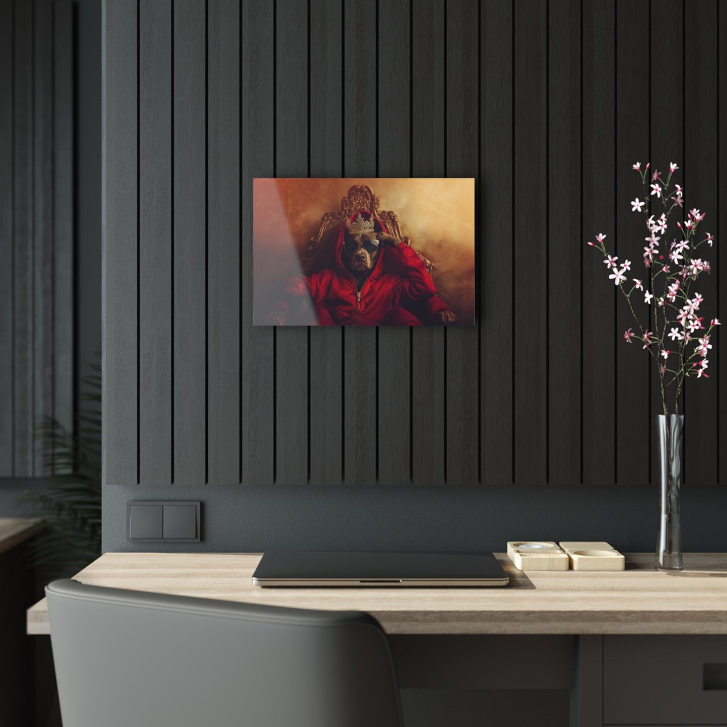 Horizontal-oriented wall art: "Crowned Companion" A regal dog sits on an ornate golden throne wearing a crown, sunglasses, and a red hoodie, exuding confidence and charm. This playful artwork combines luxury with a modern twist, celebrating the noble spirit of pets.