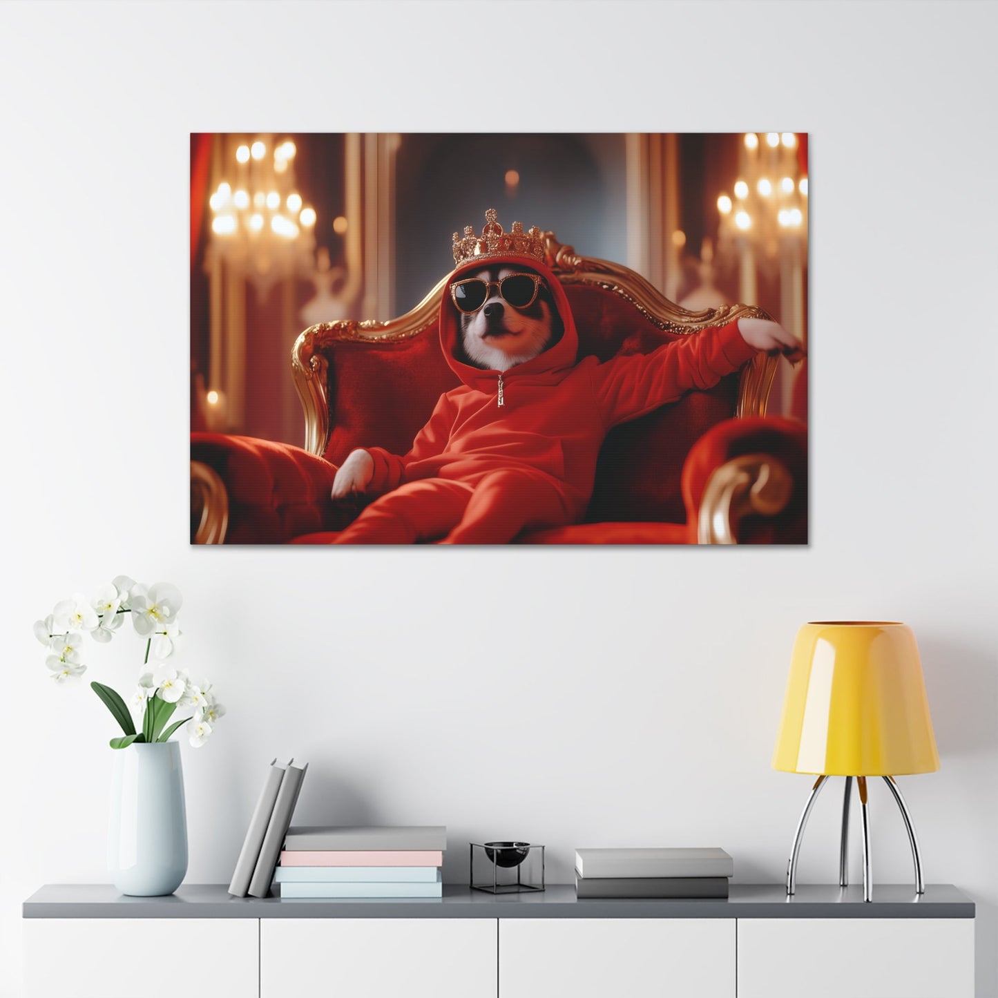 Horizontal-oriented wall art: "Crowned Companion III" A stylish dog lounges on a golden throne, wearing a crown, sunglasses, and a red hoodie in a luxurious royal setting. This playful artwork combines elegance and humor, portraying the pet as a modern ruler with personality.