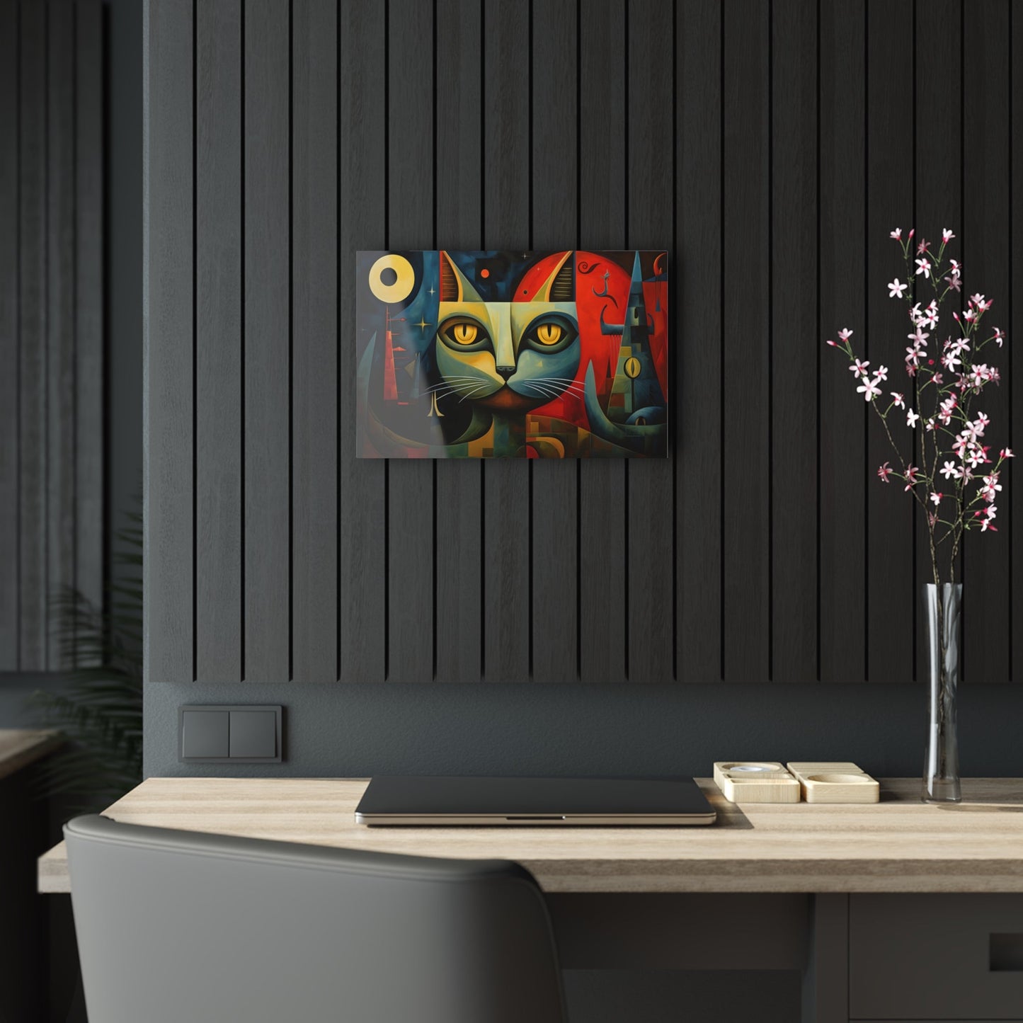 Horizontal-oriented wall art: A Cubist-inspired cat stares directly at the viewer, its eyes glowing with intensity against a backdrop of geometric shapes in deep blues, reds, and yellows. The abstract and surreal composition captures the feline's enigmatic nature, blending elements of modern art movements to create a vivid, otherworldly scene.