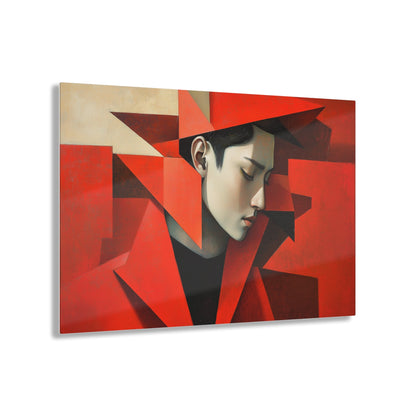 Horizontal-oriented wall art: "Refined in Fragments." A high-fashion Asian male is depicted in a Cubist style, with bold angular red geometric shapes framing his contemplative profile. The soft dramatic lighting contrasts with vivid red tones, creating an expressive and sophisticated composition.