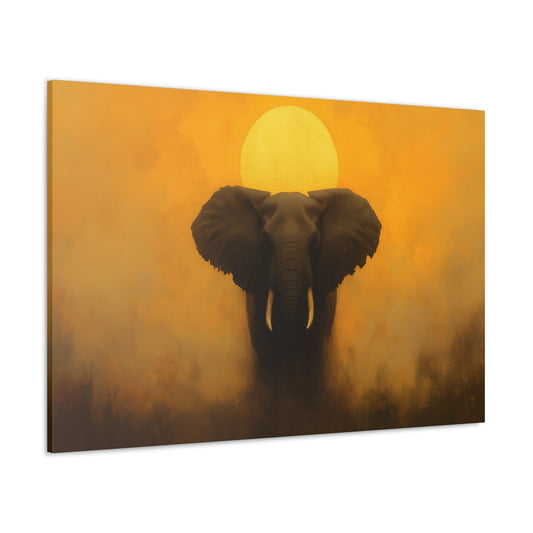 Horizontal-Oriented wall art: "Elephant's Shadow V" depicts a majestic elephant silhouetted against a glowing golden orb, resembling the sun, creating a powerful and symbolic image. The warm, golden background contrasts with the dark form of the elephant, highlighting its strength and presence in a serene, minimalist composition.