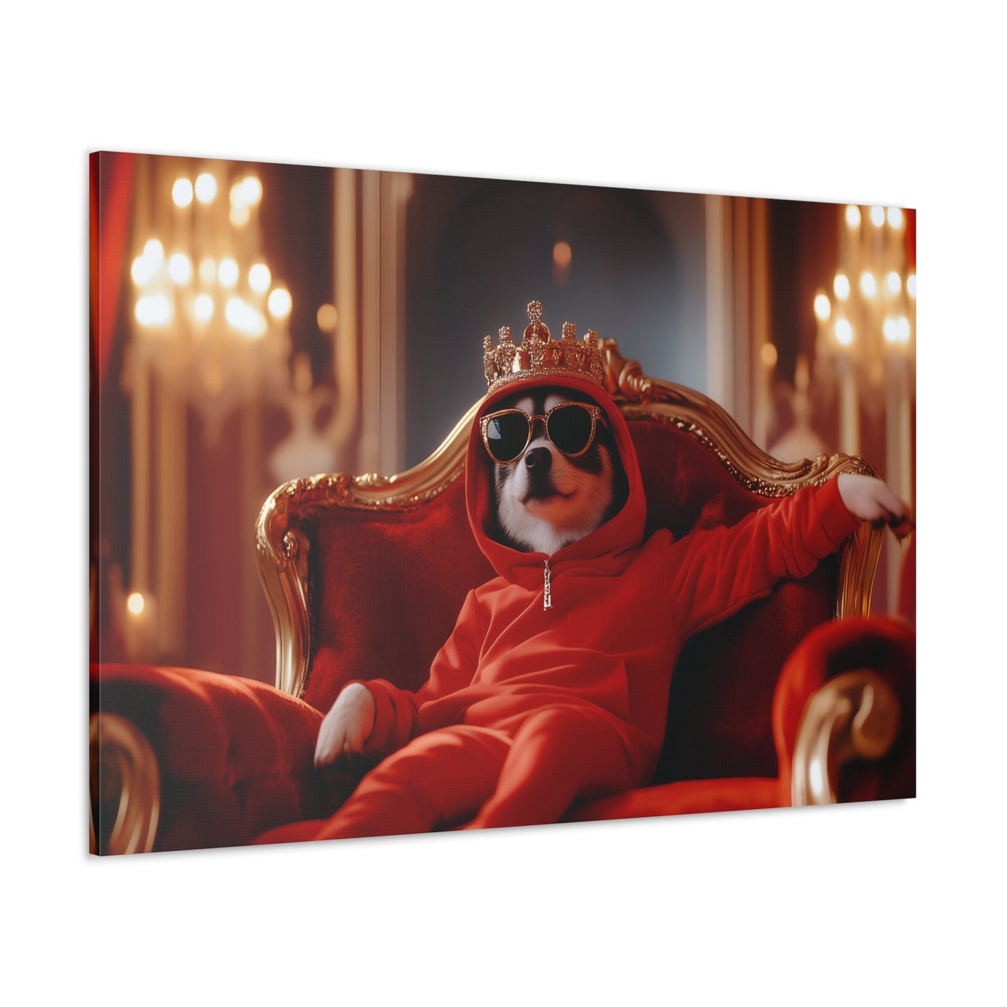 Horizontal-oriented wall art: "Crowned Companion III" A stylish dog lounges on a golden throne, wearing a crown, sunglasses, and a red hoodie in a luxurious royal setting. This playful artwork combines elegance and humor, portraying the pet as a modern ruler with personality.