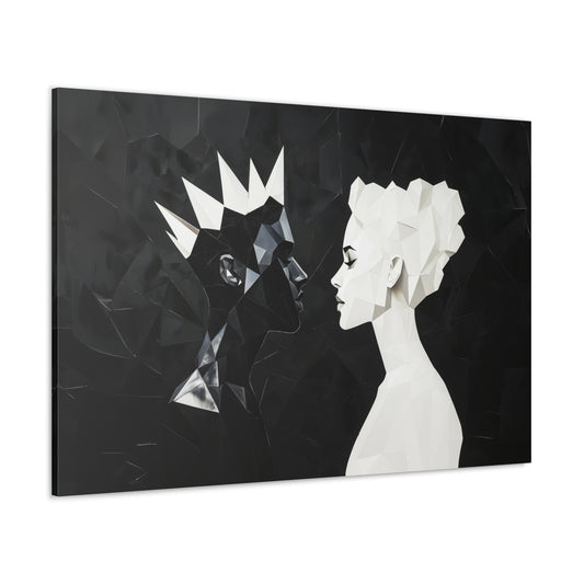 Horizontal-oriented wall art: "Kiss of Kings and Queens" A striking geometric artwork depicting an interracial couple, a Black king and a White queen, leaning in for an intimate moment, their fragmented profiles symbolizing unity and love. Bold black-and-white contrasts create a modern, abstract representation of harmony and diversity.