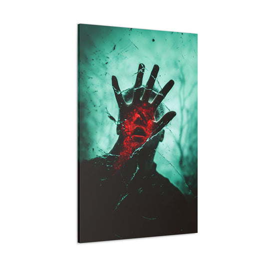 Vertical-oriented wall art: "Shattered Thresholds" A person's hand reaches toward a fractured, glowing rift in a dark, misty environment, their fingers pressing against the glass-like barrier between worlds. The red glow emanating from the crack contrasts with the cool tones of the surrounding, creating a surreal, otherworldly atmosphere.