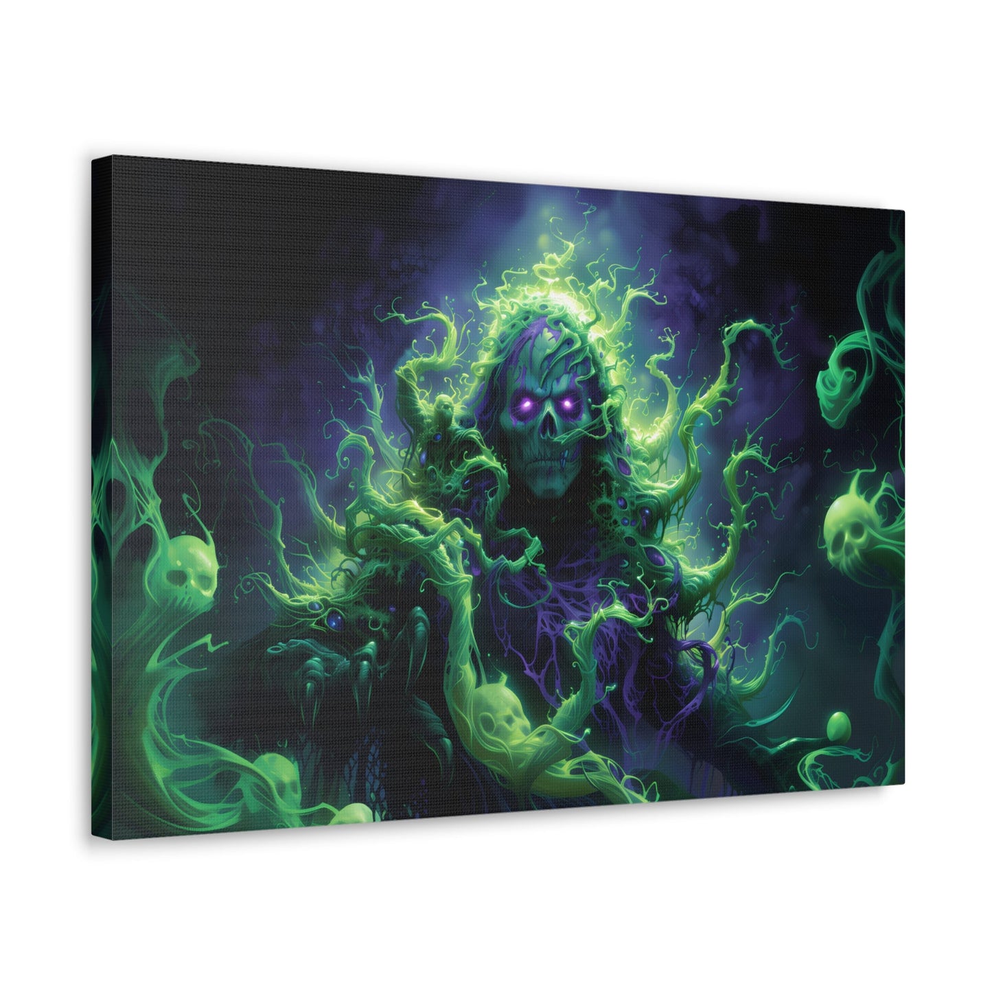 Horizontal-oriented artwork: An eerie illustration featuring a mystical lich with glowing eyes, surrounded by eldritch energies in shades of green and purple, against a dark, ominous background.