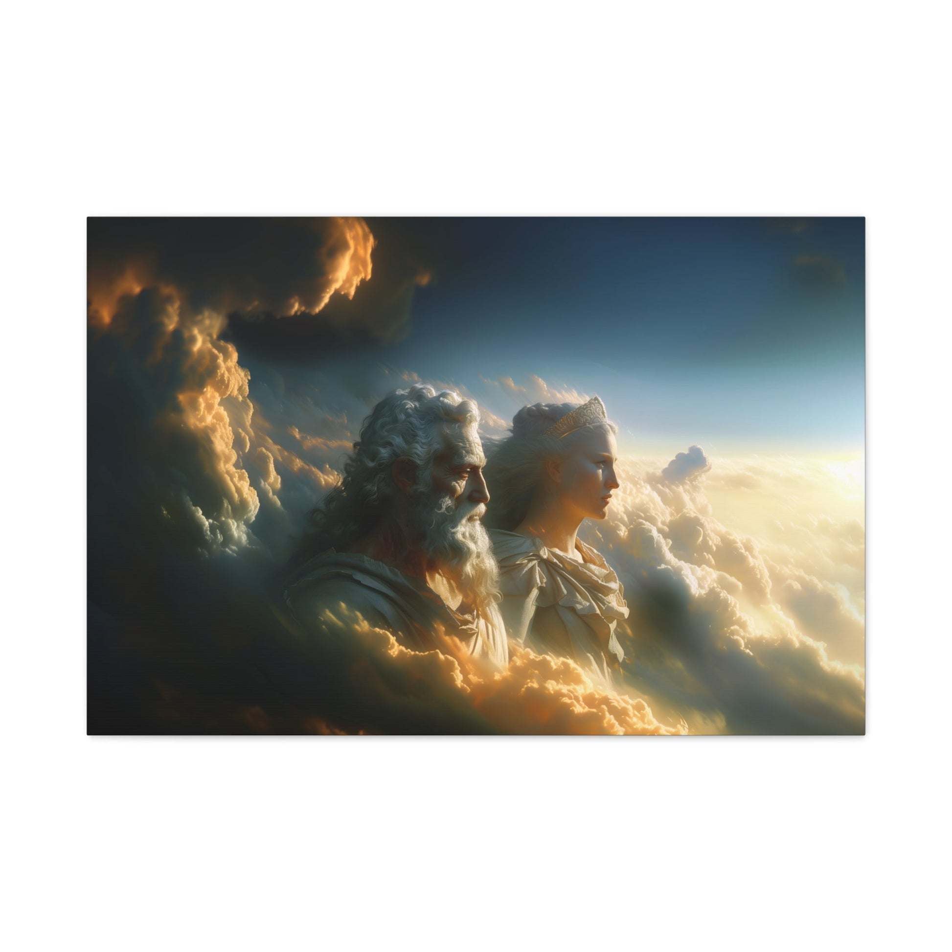 Horizontal-oriented wall art: "Storm of Affection" from the Elysian Legends collection depicts Zeus and Hera in a surreal, tempestuous scene surrounded by swirling clouds and lightning, symbolizing their passionate and conflict-filled love. The dramatic lighting and ethereal elements enhance the divine and mythical atmosphere, drawing viewers into the epic narrative of these Greek gods.